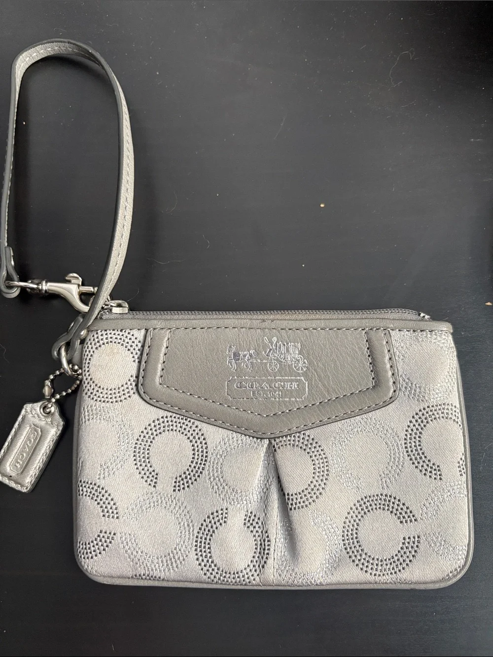 Coach Metallic Silver Signature Wristlet Pouch
